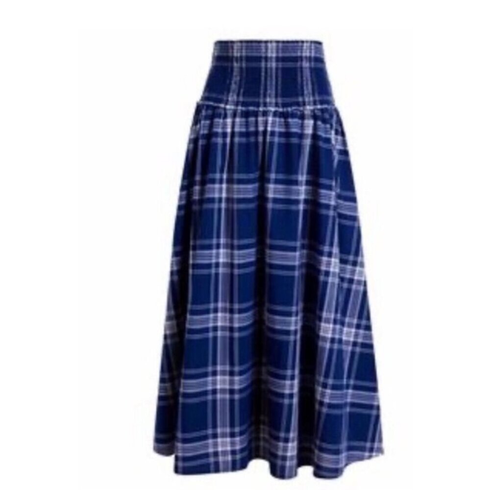 Blue Plaid Midi Skirt - High-Waist Flared Style Hill House Delphine